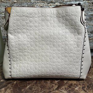 Coach Womens White Signature Leather & Rivets Double Handles Shoulder Bag 31 in